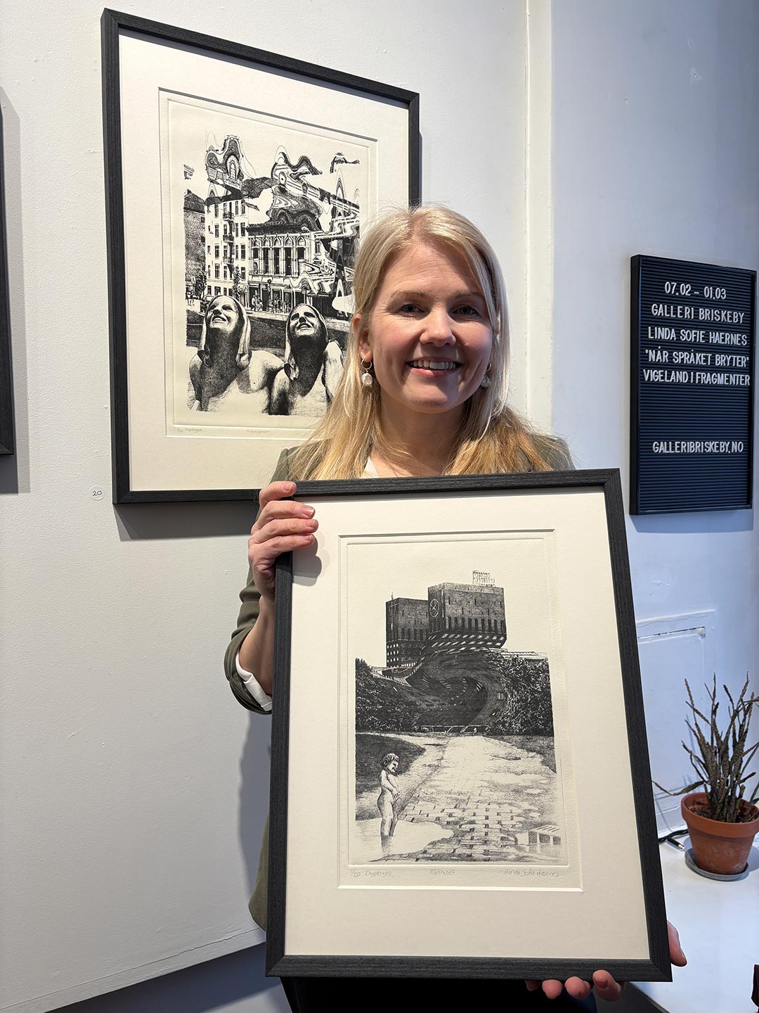 Kunstner Linda Sofie H&aelig;rnes p&aring; &aring;pning sin egen utstilling &laquo;N&aring;r spr&aring;ket brytes / Vigeland i fragmenter&raquo; p&aring; Galleri Briskeby, Oslo, 07.02.2026.