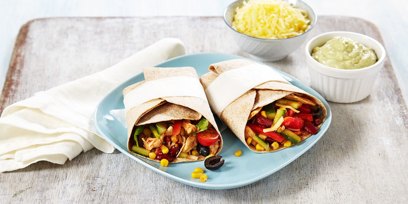 Fullkornwraps med kylling, guacamole og hjemmelaget tacokrydder