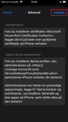 Bilde av steg for installering av Firmaportal for Intune, IOS