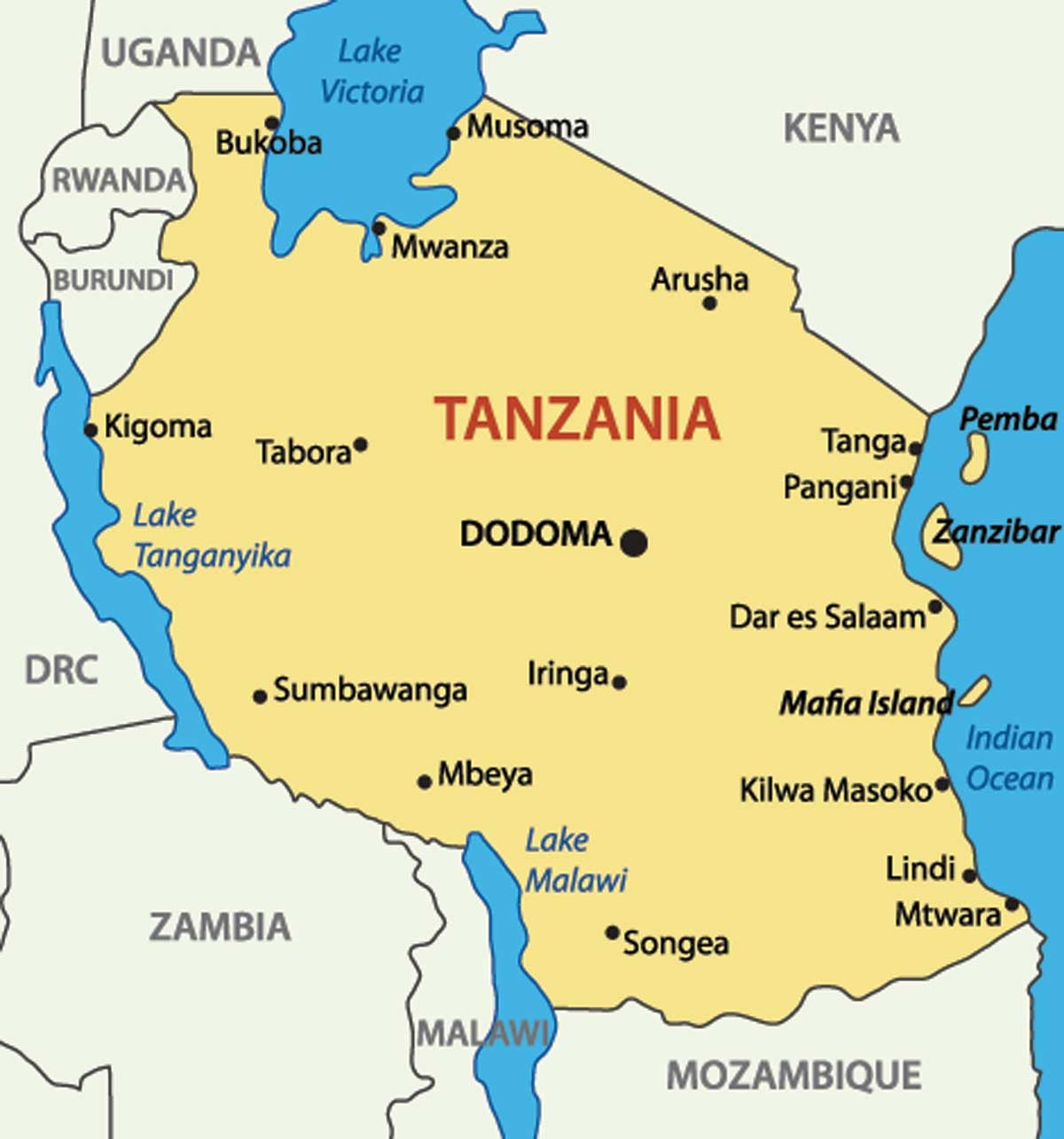 Kart over Tanzania i Afrika.